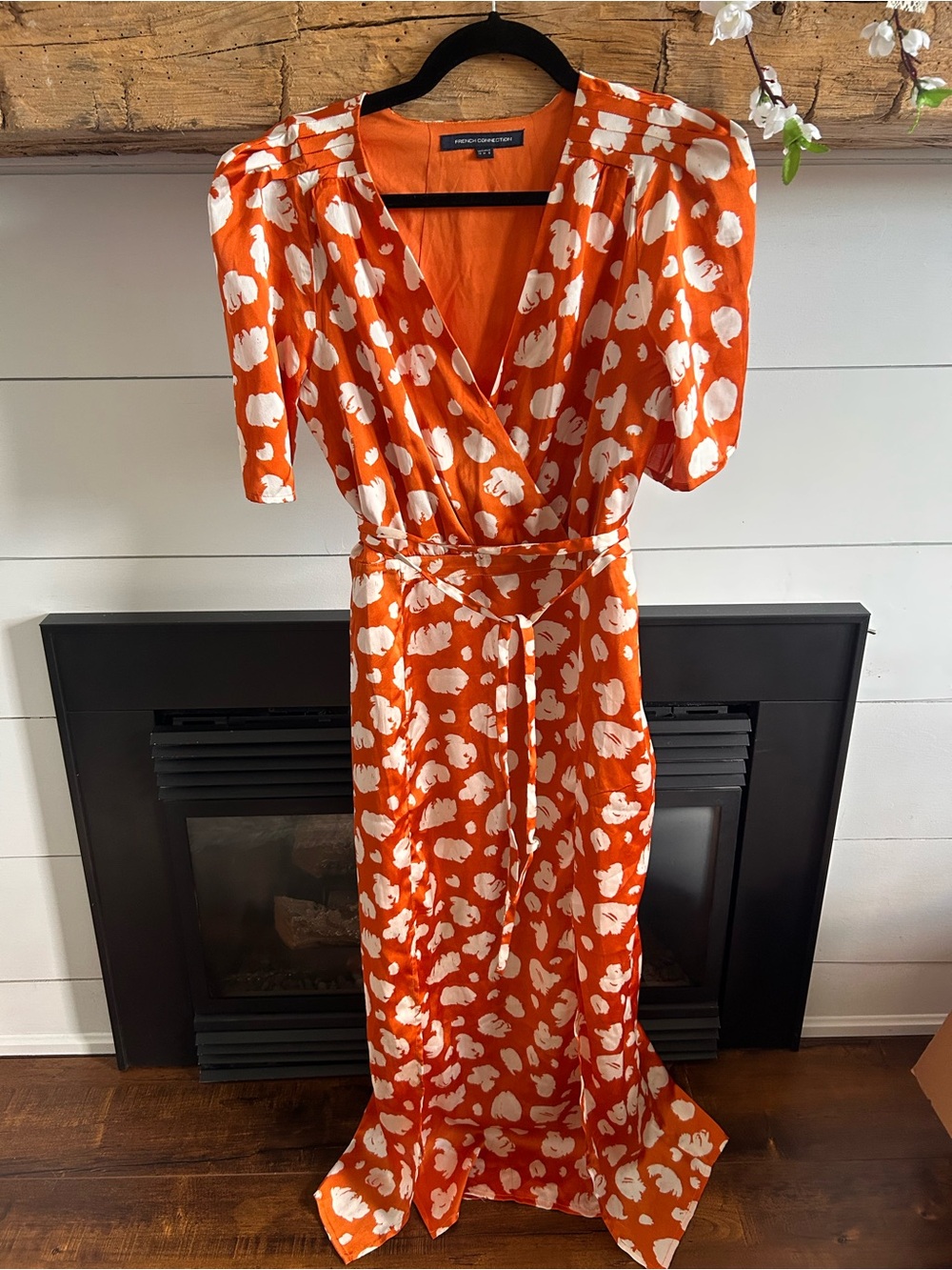 French Connection Orange and White Floral Wrap Maxi with Tie Waist